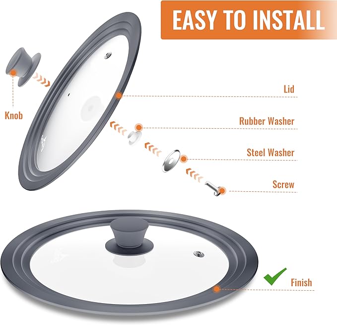 Universal Lids for Pots, Pans and Skillets, 7", 8" and 9" Pan Lid, Tempered Glass Pot Lid with Silicone Rim Heat Resistant, Replacement Pan Cover for Frying, Cookware & Bakeware Lids, Grey
