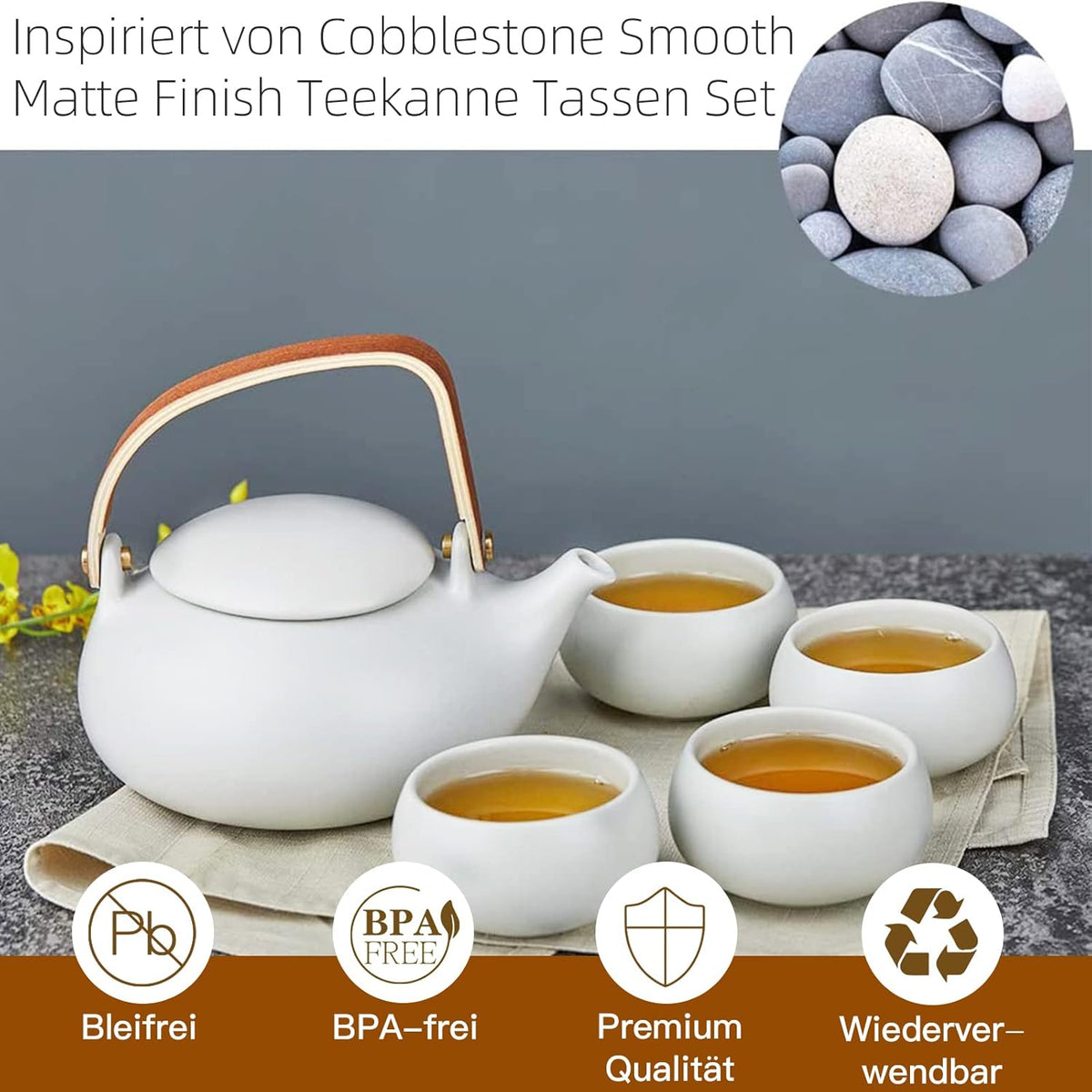 ZENS Vintage Japanese Tea Set, 27oz Ceramic Japanese Teapot with Infuser, Wood Handle Matte Gray Teapot with Strainers and 4 Cups for Tea Party, Women's Gift