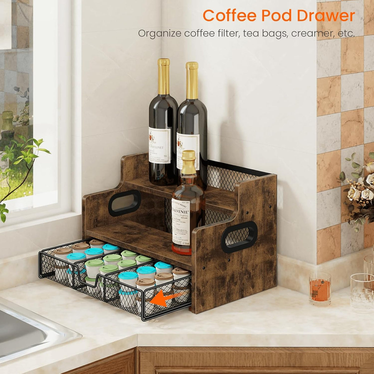 Homode Coffee Syrup Rack Organizer, 3-Tier 8 Bottles Syrup Holder Stand with 35 K Cup Storage Basket Drawer for Coffee Bar, Wood Liquor Shelf Wine Rack Countertop for Home, Rustic Brown