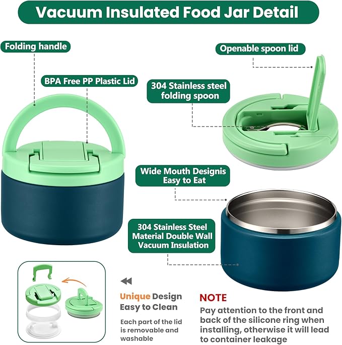 Bento Lunch Box with 8oz Soup Thermo,Kids Leakproof 4 Compartment Lunch Food Containers with Sauce Cup and Ice Pack,Kids Thermo Insulated Hot Food Jar and Lunch Bag for School,Trvael-Green
