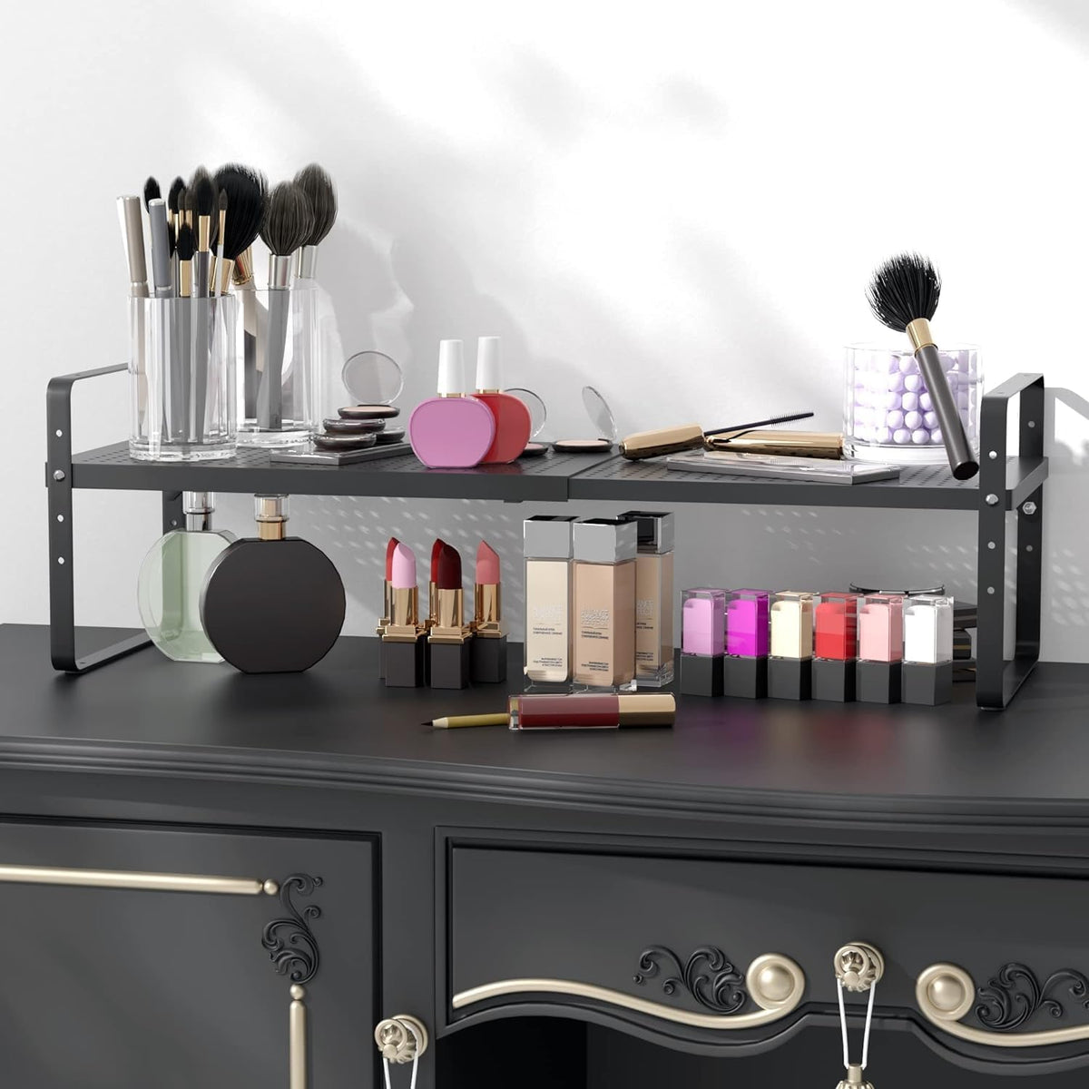 Expandable Cabinet Shelf Organizer Adjustable Metal Spice Rack Stackable Freestanding Counter Storage Shelves for Kitchen Cabinet Under Sink Office Desk (Black - 3Pack - L16.5-27'' * W8'' * H9.6'')