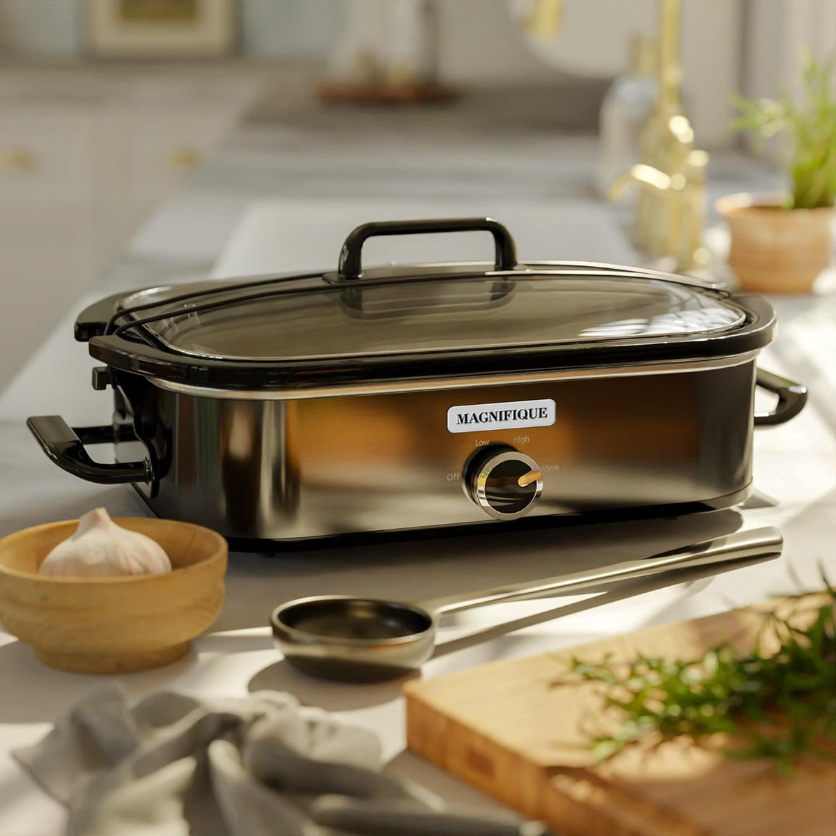 [NEW] MAGNIFIQUE 4-Quart Slow Cooker with Casserole Manual Warm Setting - Perfect Kitchen Small Appliance for Family Dinners, Dishwasher Safe Crock, Stainless Stee