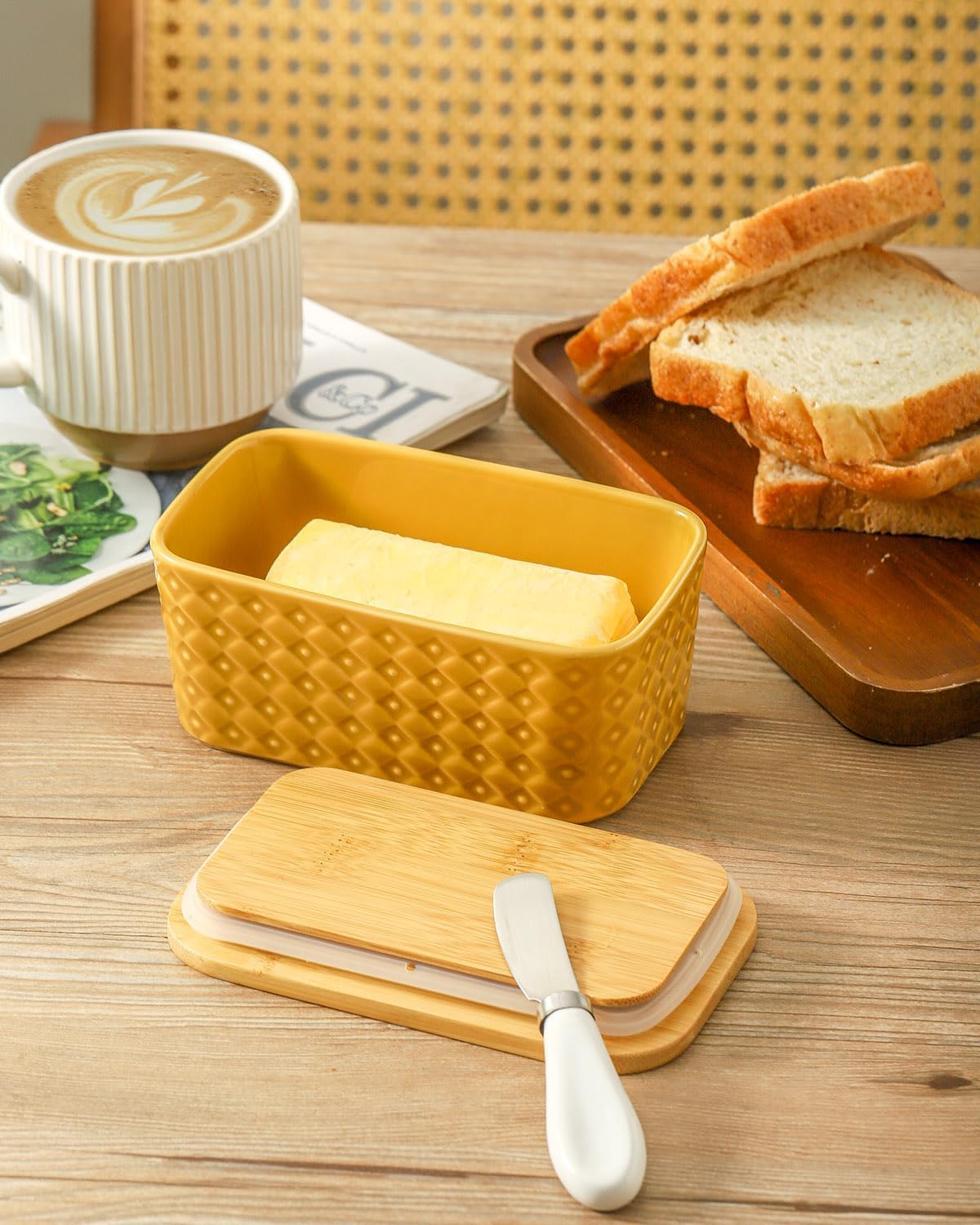 Ceramic Butter Dish with Lid,Large Butter Container with Airtight Cover for Countertop or Refrigerator,Farmhouse Kitchen Butter Holder for Gift,Dishwasher Safe,Yellow Embossed Pattern