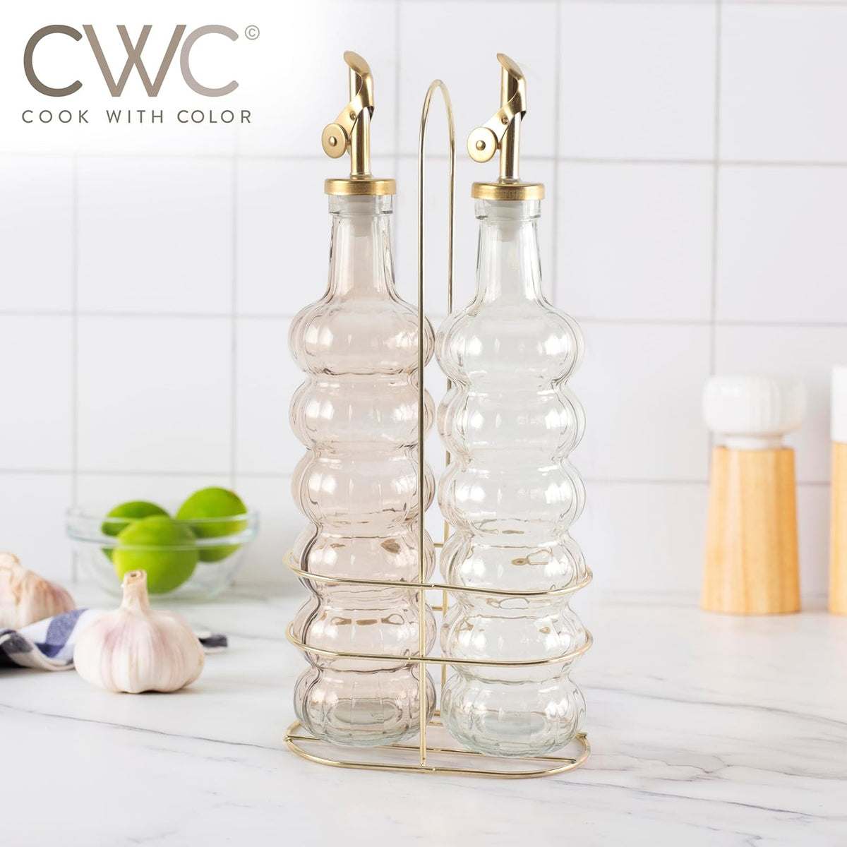 COOK WITH COLOR Glass Olive Oil Bottle Dispenser - 2 Pack- 17oz Oil and Vinegar Cruet - Olive Oil Carafe Decanter for Kitchen