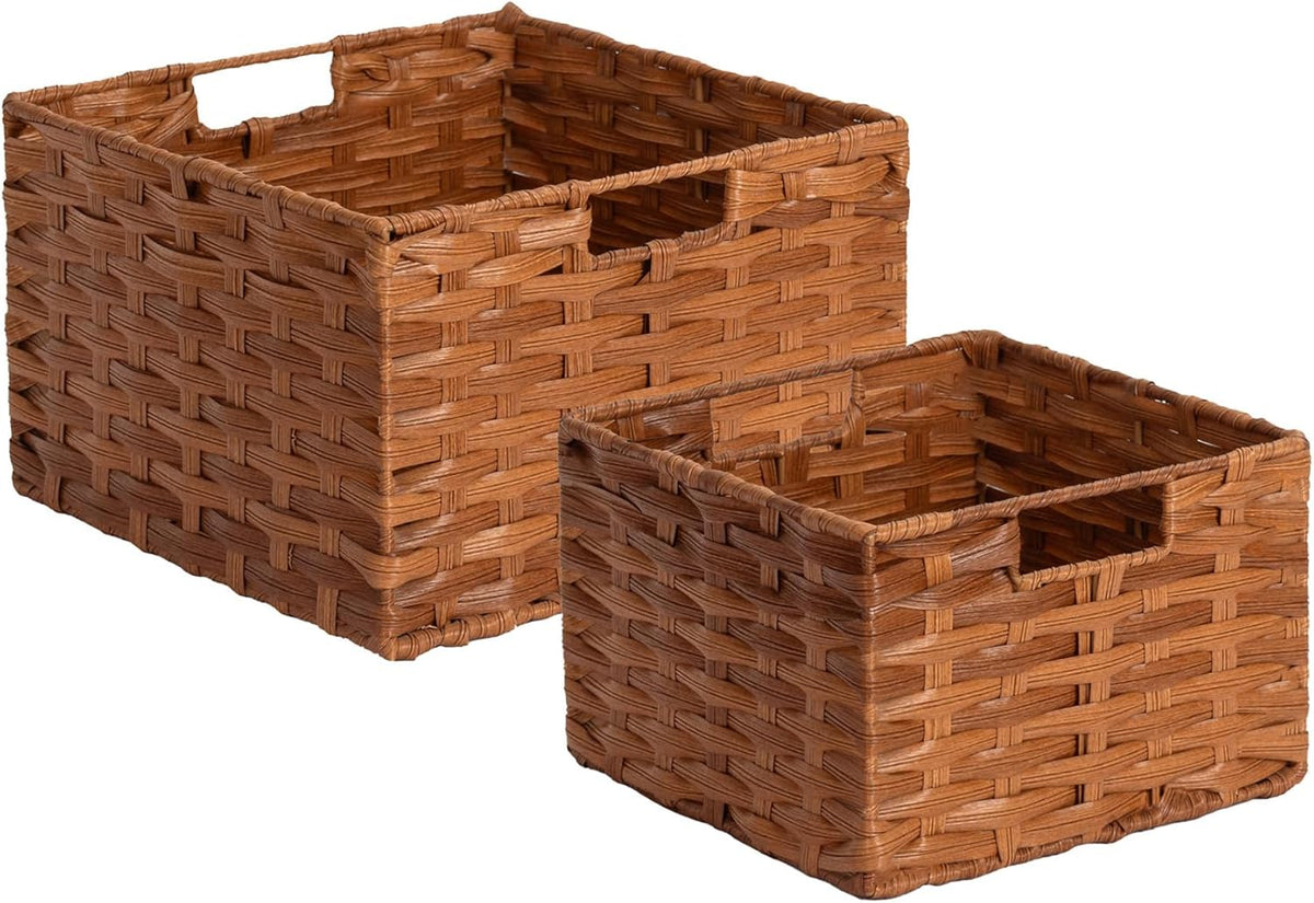 Wicker Storage Baskets with Handles, Decorative Handwoven Plastic Wicker Boxes Storage Basket for Room, Pantry, 2 Pack Large and Small (Brown)