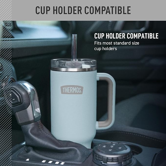 THERMOS Stainless Steel Cup Holder Mug - 40 Ounce, Glacier - Insulated Tumbler with Lid and Straw, Plus Leak-Resistant Slide Lock