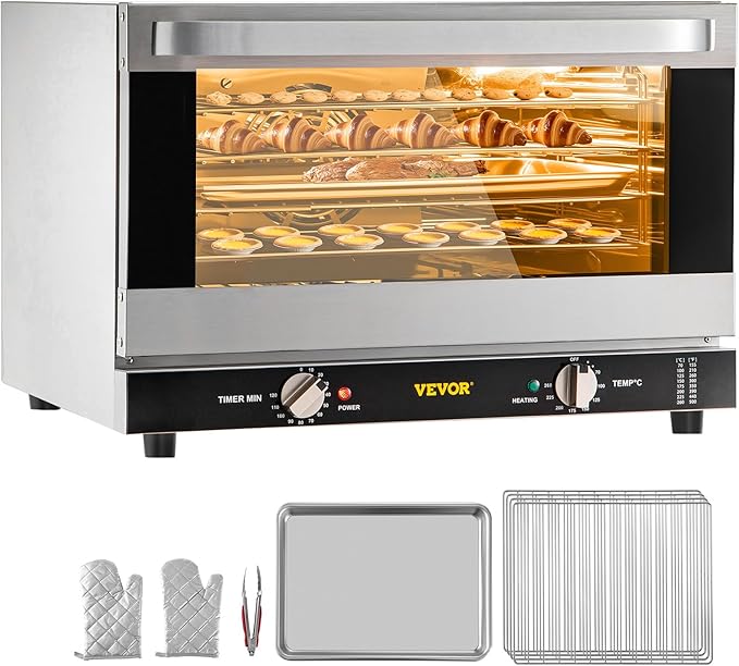 VEVOR Commercial Convection Oven, 47L/43Qt, Half-Size Conventional Oven Countertop, 1600W 4-Tier Toaster w/Front Glass Door, Electric Baking Oven w/Trays Wire Racks Clip Gloves, 120V