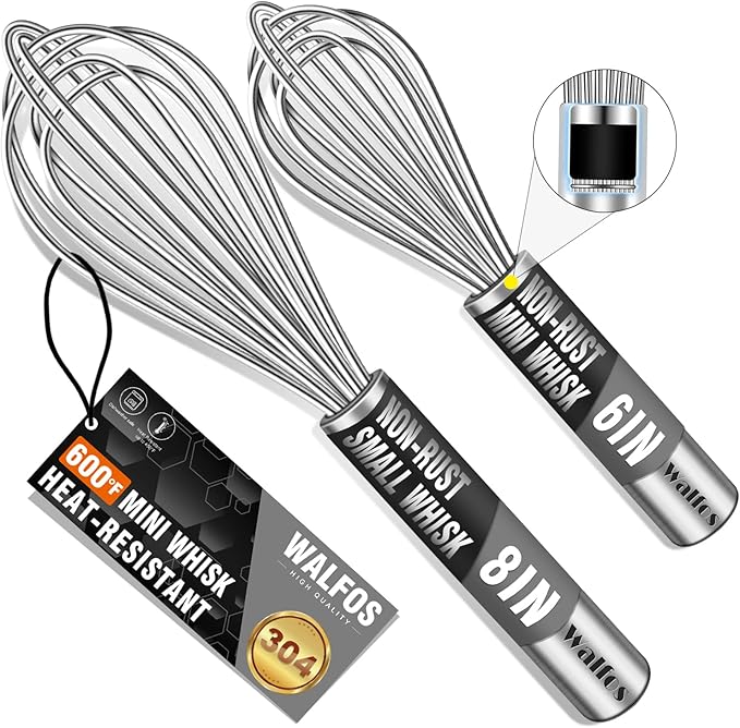 Walfos Mini Whisk,6+8 in Small Whisk,304 Stainless steel Whisks Heat Resistant 600°F,Nice for mixing salad dressings or beating an egg.Tiny whisk size great for narrow and shallow vessels.Silver