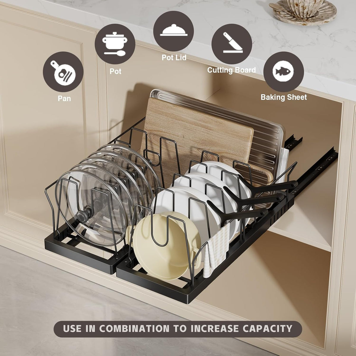 2 Pack Pots and Pans Organizer Under Cabinet, 22" Deep Expandable Pull Out Pot Lid Organizer and Storage with 10 Adjustable Dividers No Drill Pot and Pan Holder Rack with Handle Bracket(Black)