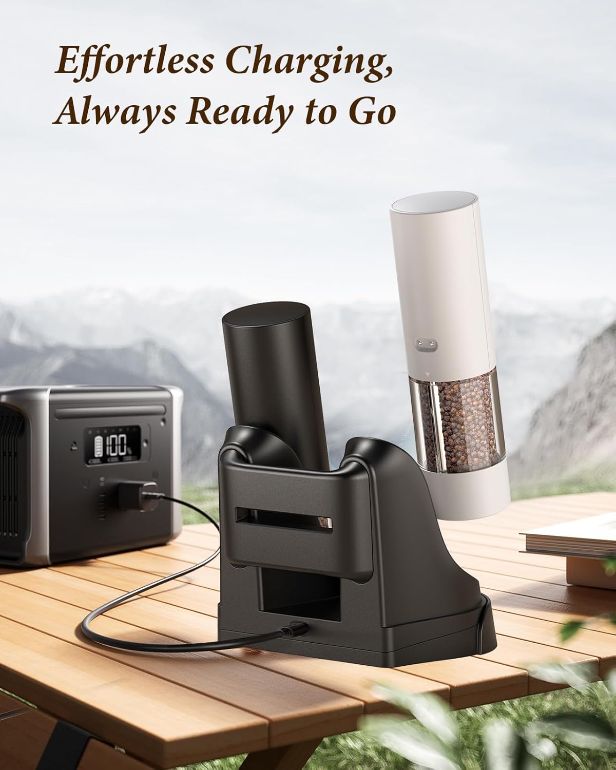 Electric Salt and Pepper Grinder Set - Automatic Refillable Salt and Pepper Grinders with Charging Base & LED Light, 6-Level Adjustable Coarseness with External Dial, Ideal Kitchen Gadget，Black& White