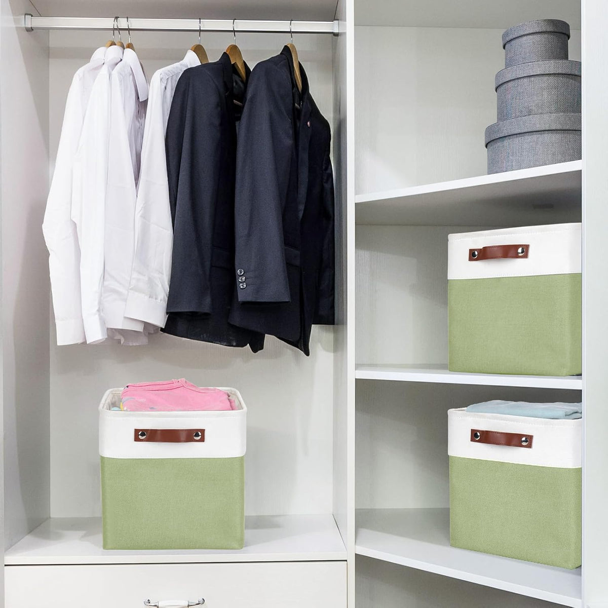 Collapsible Fabric Storage Cubes 11x11 Cube Storage Bins, 4 Pack Closet Baskets Box with Handles for Organizing, Shelf, Toys, Clothes, Home, Office, Nursery (Green&White)