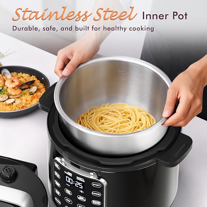 CARORI 9-in-1 Electric Pressure Cooker 6 Quart Black, Stainless Steel Pot, 12 Preset Functions with Touchscreen, Safe Steam Release, Stew, Slow Cook, Rice, Sauté, Warmer