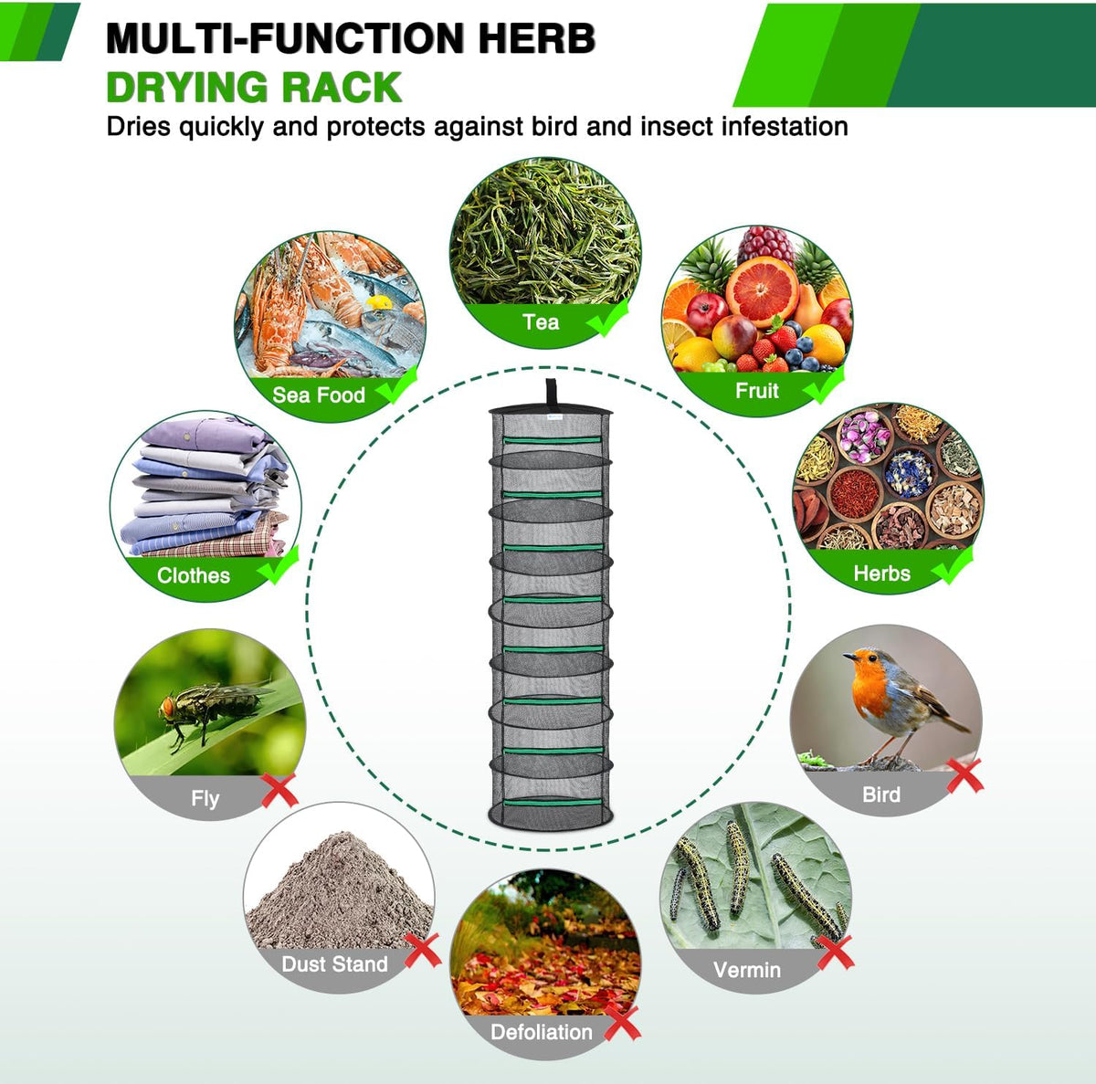 Yesker 8 Layer Herb Drying Rack Hanging Mesh Net Foldable Plant Drying Racks 24" Diameter with Green Zipper & Hook Dryer Hanging Rack for Herbs Seed Bud Fruit Clothes Grow Tent Closets Garden Outdoor