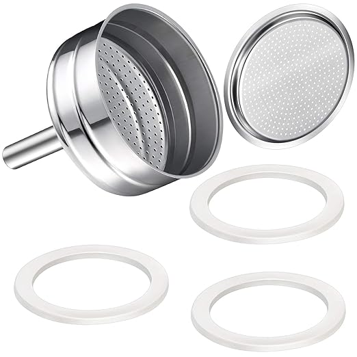 Moka Express Replacement Funnel Kit, 3 Packs Gasket Seals, 1 Stainless Steel Funnel with 1 Pack Stainless Filter (9-Cup)