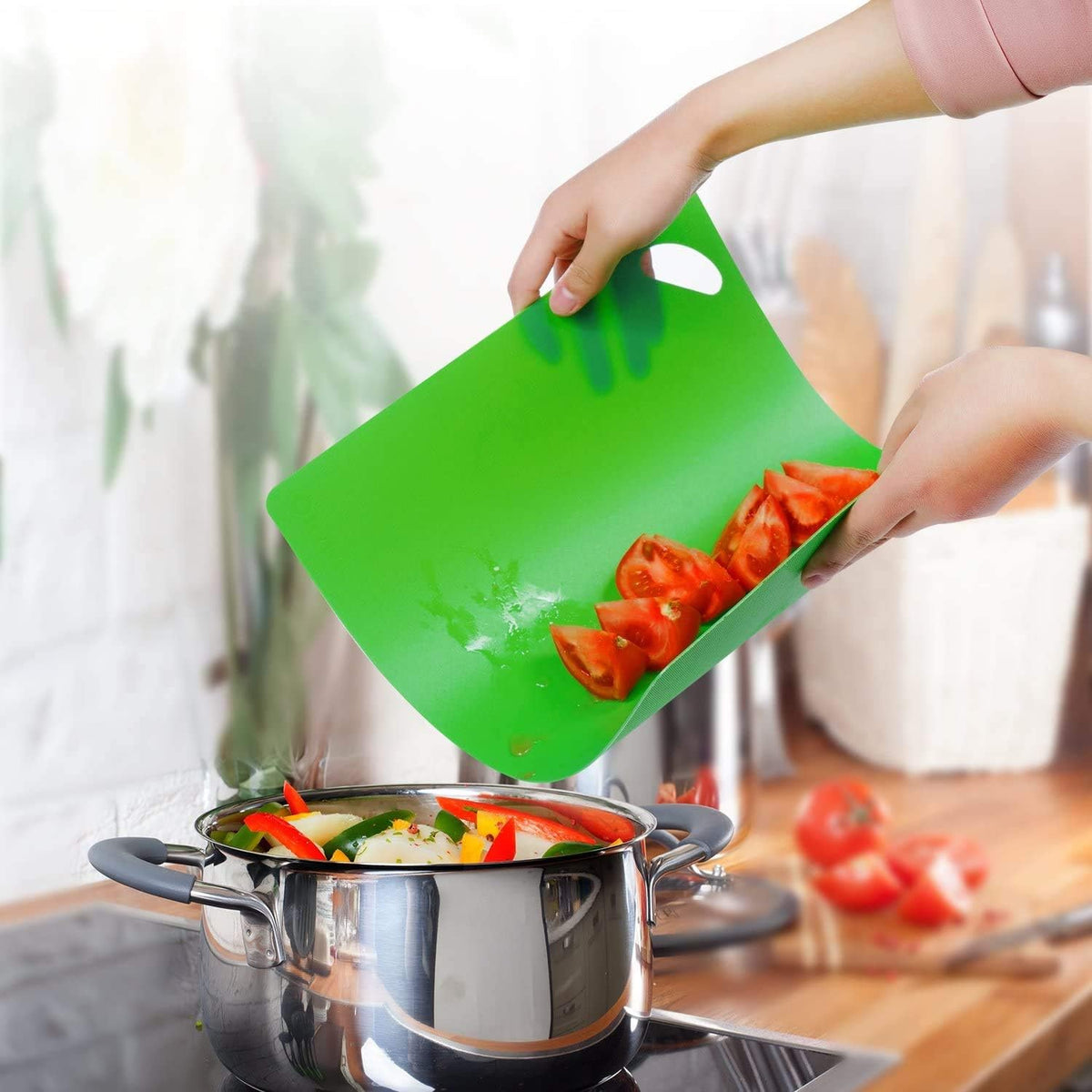 Kitchen Plastic Cutting Board Set - Extra Thick Flexible Cutting Mat for Cooking, Non-Slip Chopping Board with Colored Food Icons & Easy-Grip Handles, Dishwasher Safe, Set of 4