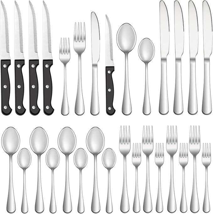 24 Pcs Silverware Set with Steak Knives Service for 4,Stainless Steel Flatware Set,Mirror Polished Cutlery Utensil Sets,Home Kitchen Eating Tableware,Include Fork Knife Spoon,Dishwasher Safe