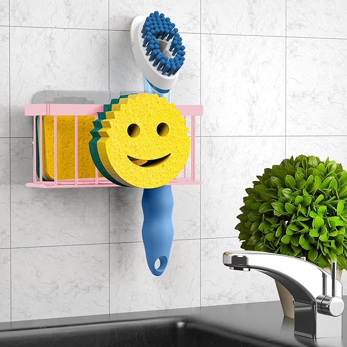 Sponge Holder Smiley Face,Sink Caddy,Sink Organizer with 2 Suction Cups/1 Adhesive Strips,Designed for Sponge,Soap,Dish Brush,Scrubber - Pink