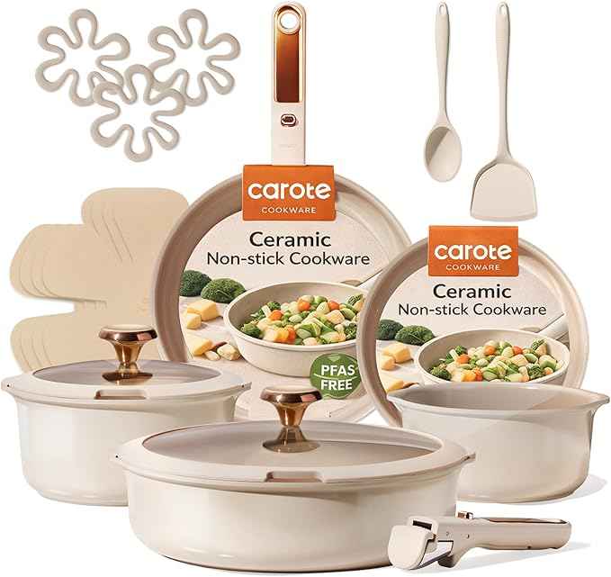 CAROTE 18Pcs Ceramic Cookware Set with Detachable Handle, Pots and Pans Set Non Stick, Non Toxic Cookware Set Removable Handles, Induction Kitchen Cookware Sets, Dishwasher/Oven Safe
