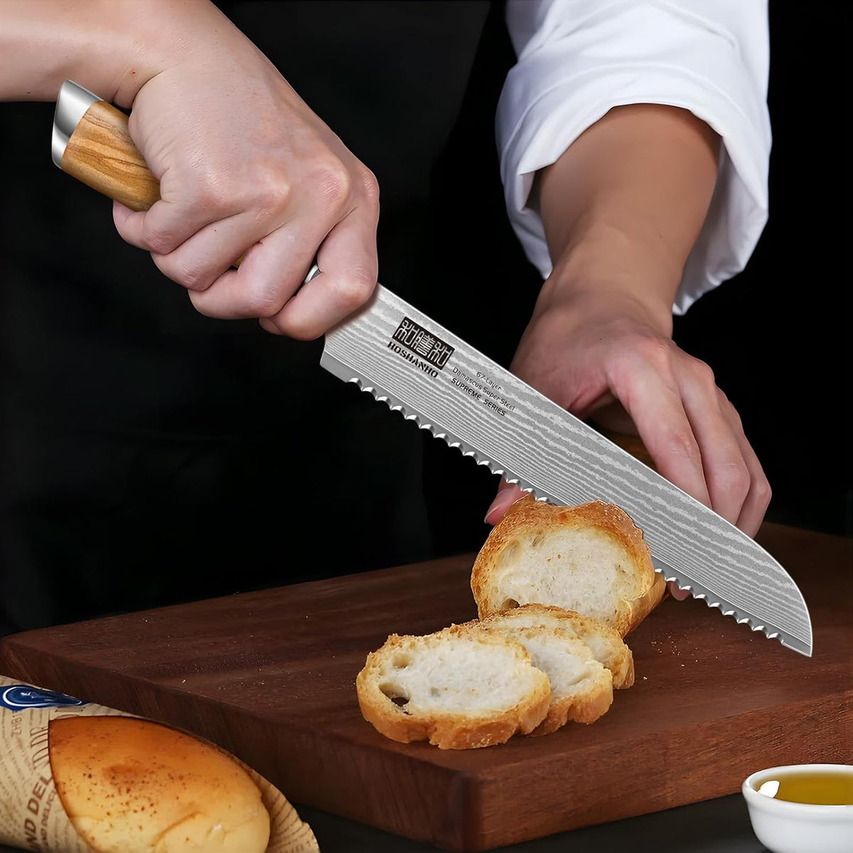 Bread Knife 8 Inch, Damascus Steel Bread Kitchen Knife with Ergonomic Olive Wood Handle, Professional Ultra-Sharp Serrated Knife for Homemade Bread, Sourdough Bread Cutting