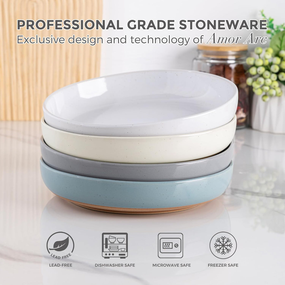 AmorArc 8.75'' Large Ceramic Pasta Bowls, 36oz Handpainted Stoneware Bowls Set of 4, Microwave&Dishwasher Safe Bowls with Rustic Terracotta Underside for Pasta Salad, Multi-Color