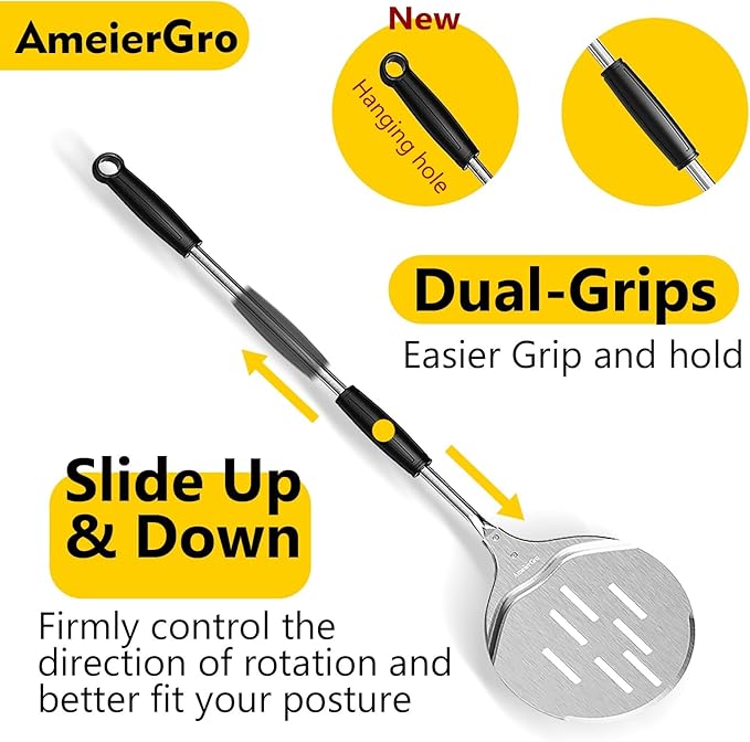 Pizza Peel & Turner, 9" Pizza Spatula with Extendable Handle (26-36" Length)
