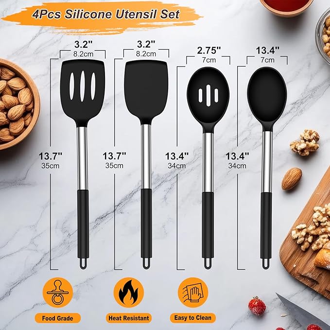 Yoehka Silicone Cooking Utensils Set for Nonstick Cookware, 4Pcs Heat Resistant Kitchen Silicone Spatula and Spoon Set with Stainless Steel Handle, Mixing, Flipping, Turning, Stirring, Black