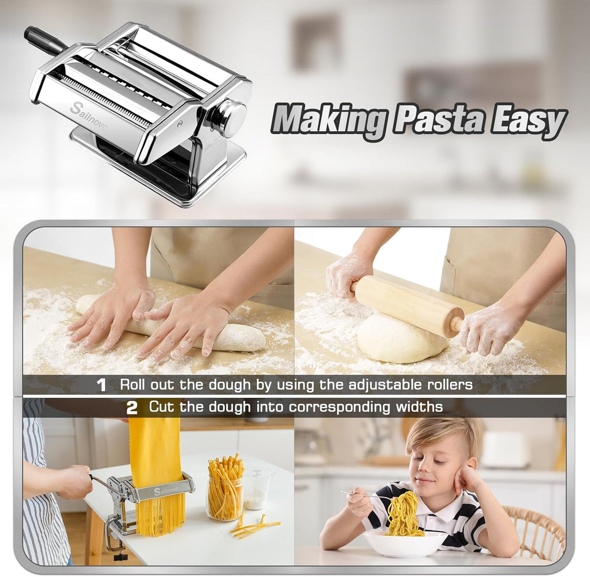 Sailnovo Pasta Maker Machine, 180 Roller Pasta Maker, 9 Adjustable Thickness Settings 2-in-1 Noodles Maker with Rollers and Cutter, Perfect for Spaghetti, Fettuccini, Lasagna or Dumpling Skin Silver