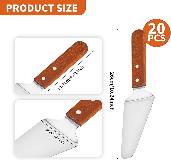 20 Pack Pizza Server Spatula, Stainless Steel Pizza Pie Server with Wooden Handle, Non Slip Pie Spatula Cutter Cake Serving for Pizza, Dessert, Pastry (10.2 x 2.4 Inches)
