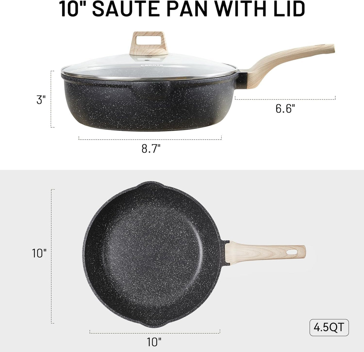CAROTE 10Inch Nonstick Deep Frying Pan with Lid, 4.5 Qt Jumbo Cooker Saute Pan with Pour Spout, Skillet Induction Cookware, Non Stick Cooking Pan PFOA Free, Classic Granite