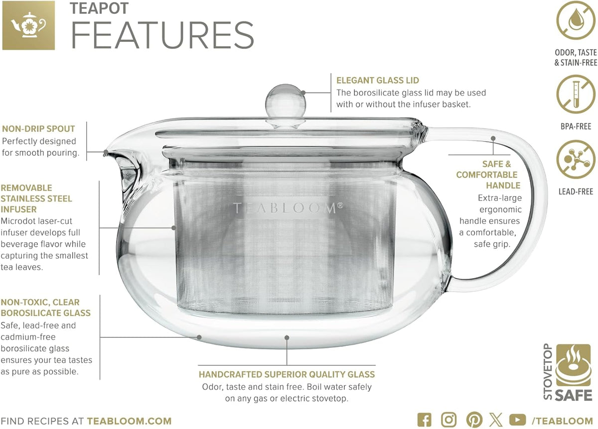 Teabloom Kyoto 2-in-1 Tea Kettle and Tea Maker – Glass Teapot with Removable Loose Tea Infuser – Tea Connoisseur's Choice
