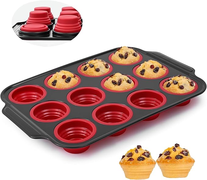 12 Cups Silicone Muffin Pans for Baking with Metal Frame, Egg Bite Molds, Cupcake Pans Regular Size, Muffin Tins Easy to Pop Nonstick Non Toxic Bakeware for Oven Dishwasher Safe