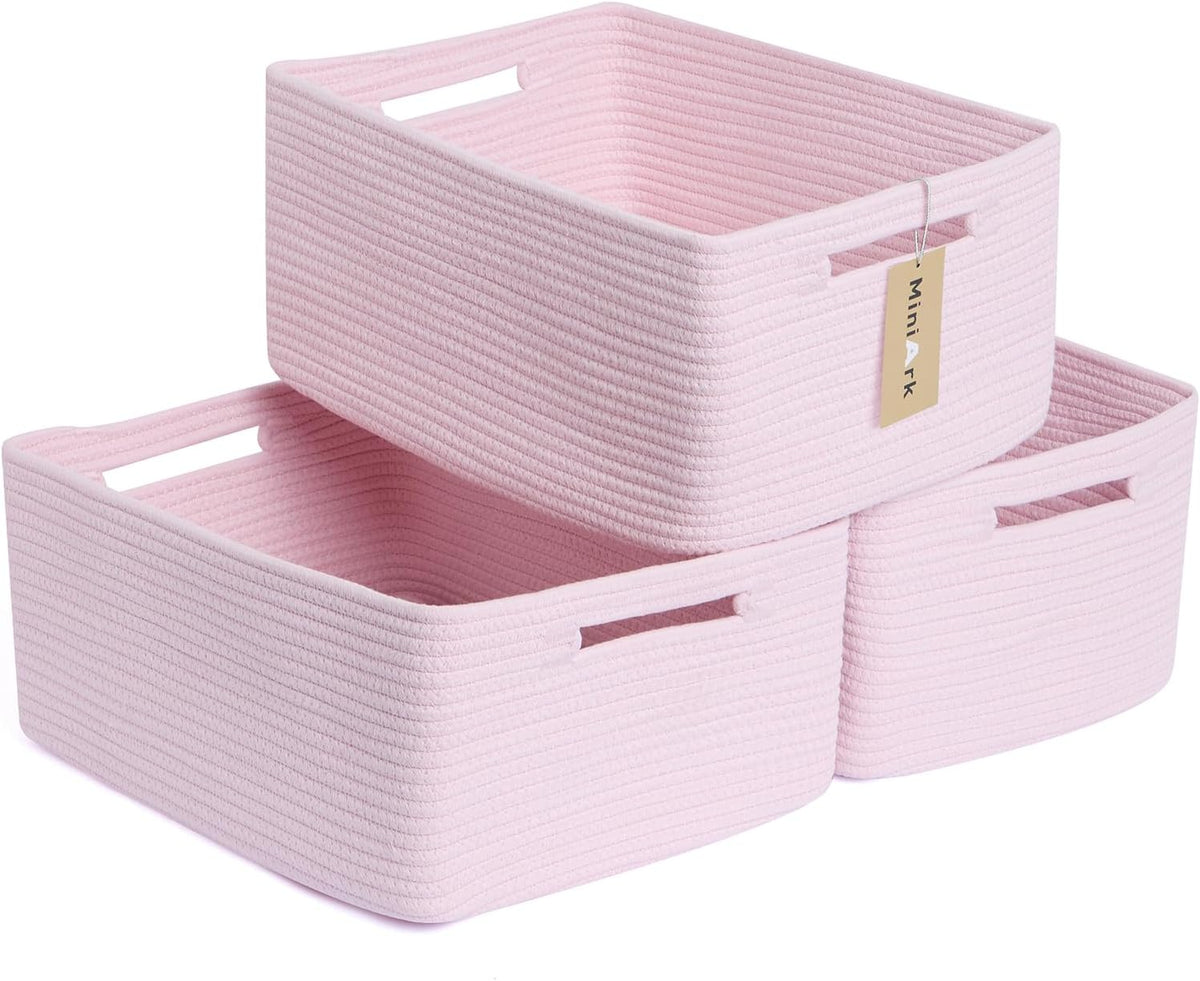 Large Storage Baskets for Shelves, Closet Organizers Bins for Clothes Blanket Towels, Baby Nursery, Toy Baskets Box, Woven Rope Baskets, 17 x 13 x 7.5”, 3 Packs Light Pink