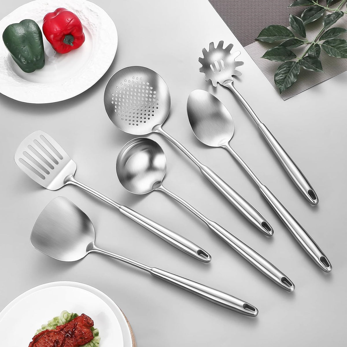 304 Stainless Steel Cooking Utensils,6 Pcs Kitchen Cooking Utensils Set with Spatula, Solid Spoon, Ladle, Skimmer, Spaghetti Spoon,Dishwasher Safe