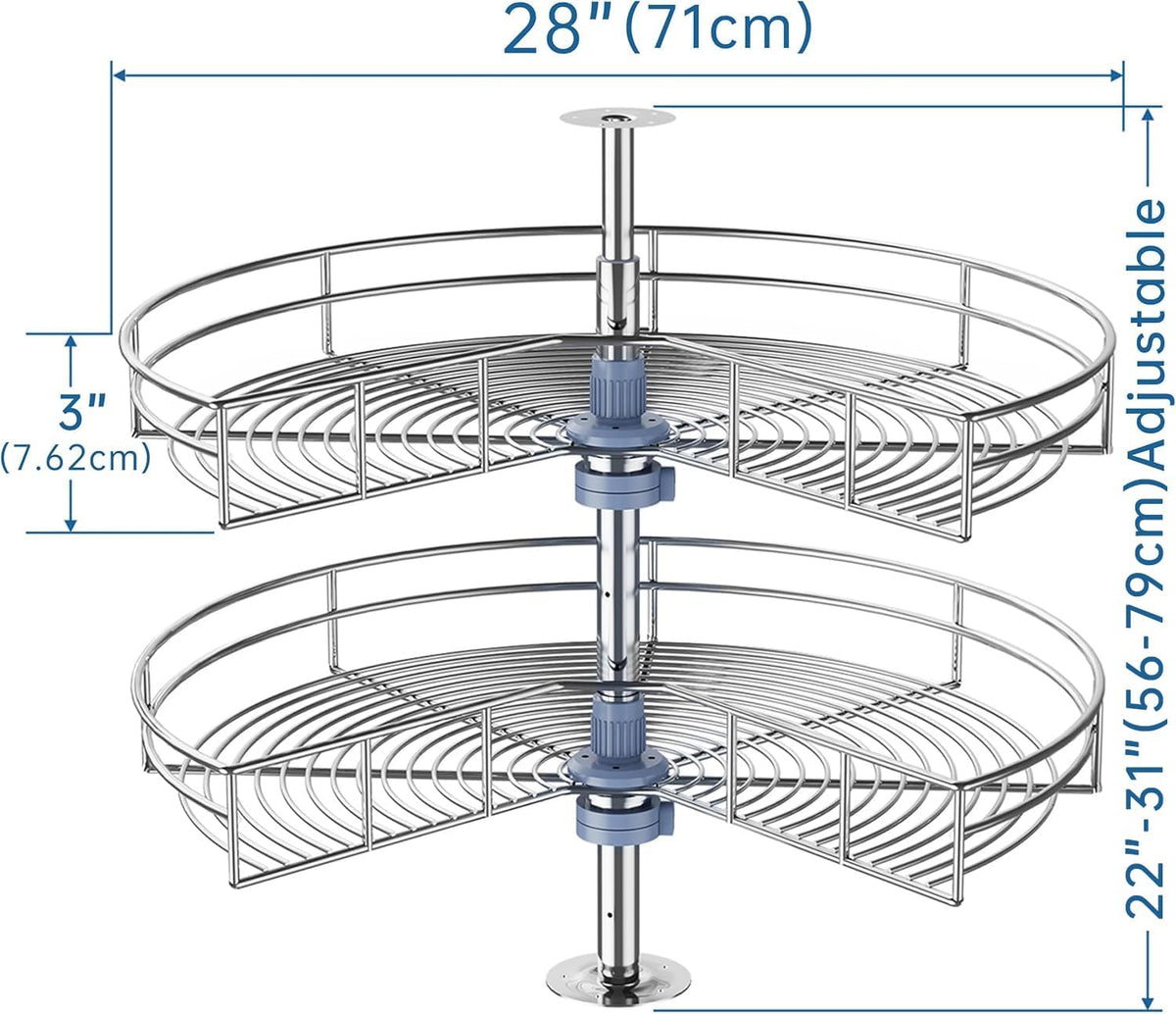 28" Corner Cabinet Lazy Susan Turntable, 270° Adjustable Height Chrome Replacement Shelves for Kitchen Corner Cabinet
