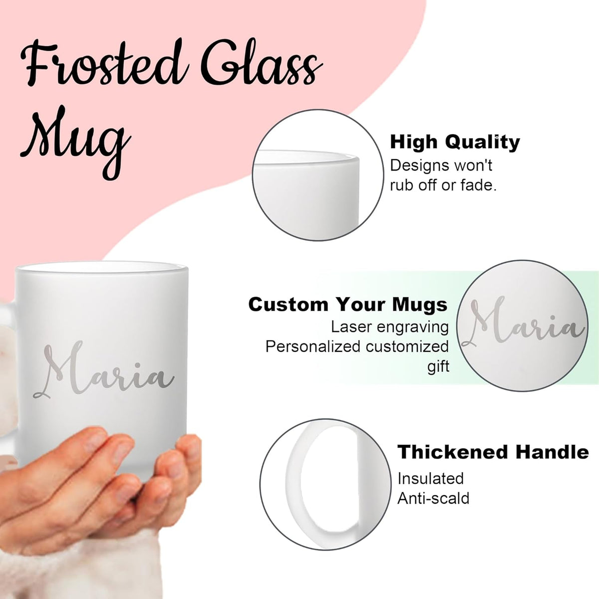 Personalized Coffee Mug Engraved with your Custom Name - Customized 11oz Frosted Glass Mugs, Hot Chocolate Mugs, Tea Cup, Birthday Gifts, Retirement Gift (Frosted Mug, Personalized Design)