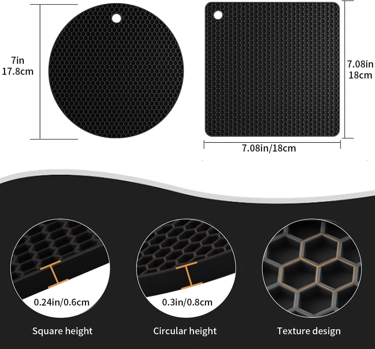 4 Pack Silicone Trivets for Hot Pots and Pans, Black Hot Pads Pot Holders, Non-Slip & Heat Resistant Silicone Mats for Kitchen Counter, Soft Durable Drying Mat, Jar Opener and Coasters, Black