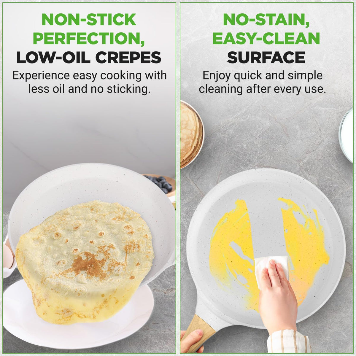 Nutrichef 2-Pack Non-Stick Crepe Pan Set – 11” Marble Coated Dosa Pans with Wooden Spreaders, Bakelite and Wood Handles, Induction-Compatible, Easy-to-Clean, Stain-Resistant, White Cream Marble