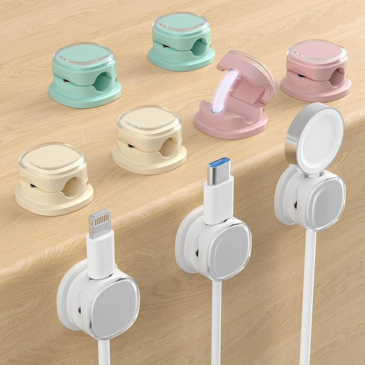 Magnetic Cable Clips, Adjustable Cord Holder Management, Adhesive Wire Keeper Organizer for Home Office Desk Phone PC Car Wall Desktop Nightstand Appliance (9-PCS White_Purple_Cyan_Apricot)