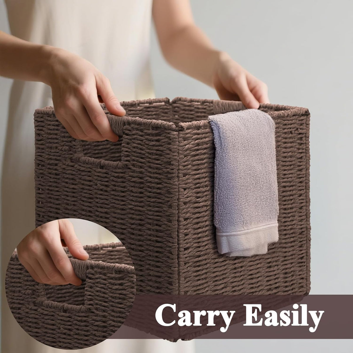 Wicker Storage Baskets for Organizing, 3 Pack Rustic Foldable Square Basket for Shelves, Handwoven Cubby Organizer Bins for Home Decor, Small Cube Storage Bin for Closet Organization (Brown 11 inch)