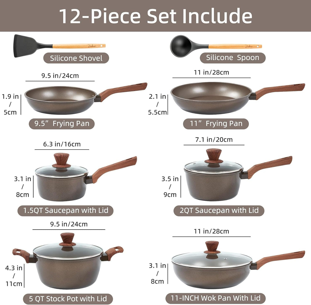 12Pcs Pots and Pans Set, Nonstick Cookware Sets, Non Stick Pots and Pan Set with Frying Pans, Saucepans, Steamer Silicone Shovel Spoon