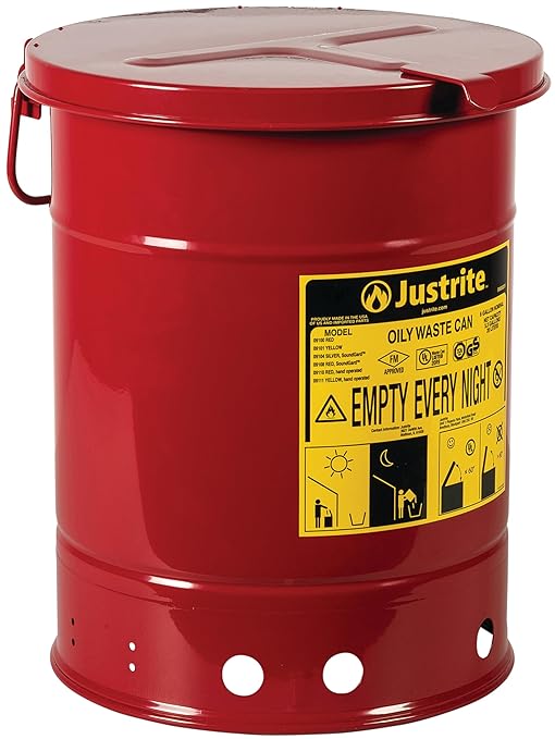 Justrite 6 Gallon Galvanized Steel Oily Waste Can, 16" x 12" Metal Oil Rag Safety Can with Hand Operated Self-Closing Lid for Oil Rag Disposal, Made in The USA, Red, 09110