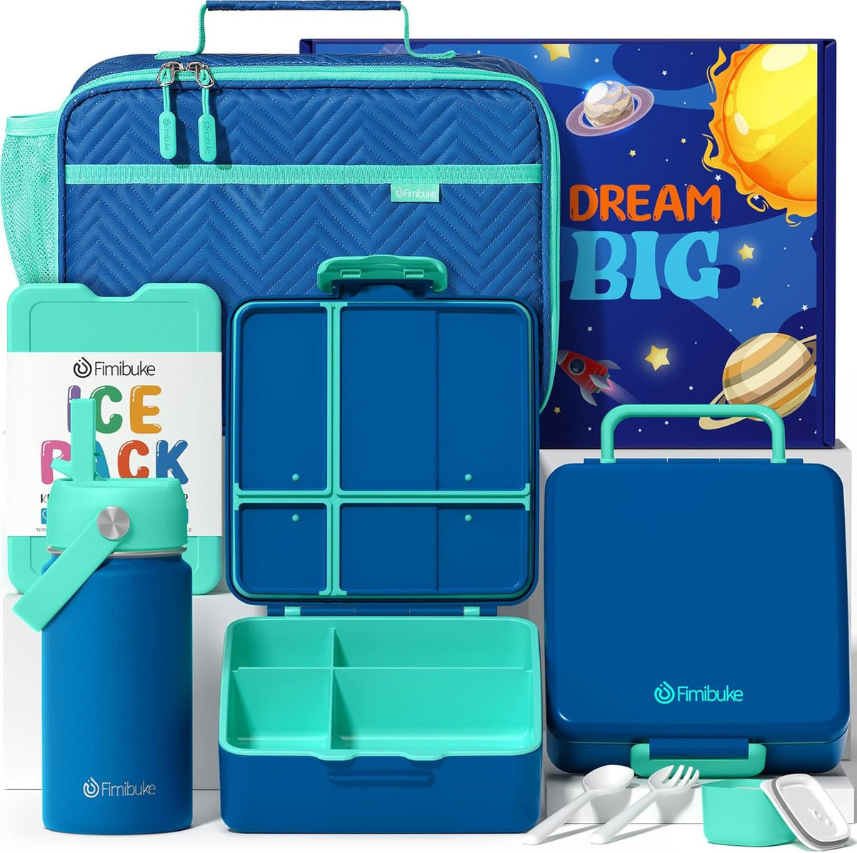 Fimibuke Kids Bento Lunch Box with 4 Compartments, Insulated lunch Bag, Stainless Steel Insulated Water Bottle, Ice Pack & Utensils Set, Birthday Gifts for Ages 3-12 Back to School Toddler Girls Boys