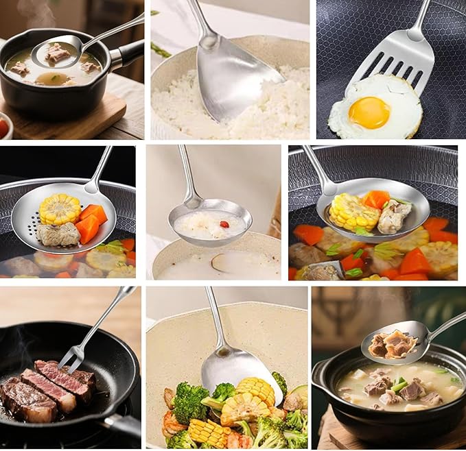 304 18/10 Stainless Steel Kitchen Utensils Set 9 Pcs Long Cooking Utensil, Spatula, Soup spoon, Leaking shovel, Ladle, Tunner, Pasta Server, Meat Fork Kitchen Tools Set (9 Pieces Set)