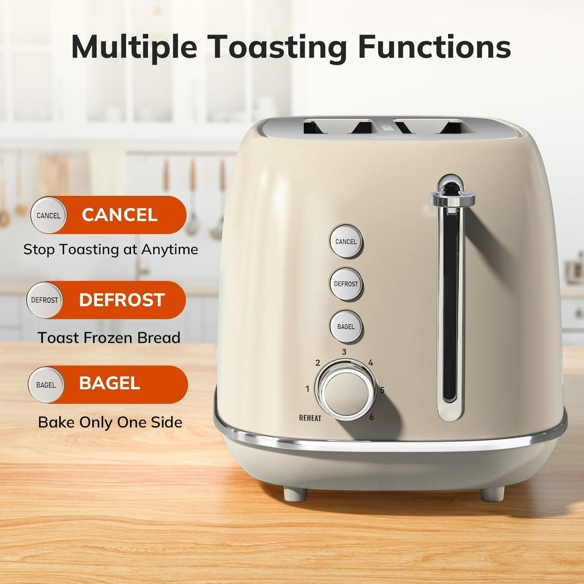 2 Slice Stainless Steel Toaster Retro with 6 Bread Shade Settings, Bagel, Cancel, Defrost Function, 2 Slice Toaster with Extra Wide Slot, Removable Crumb Tray, Tauge
