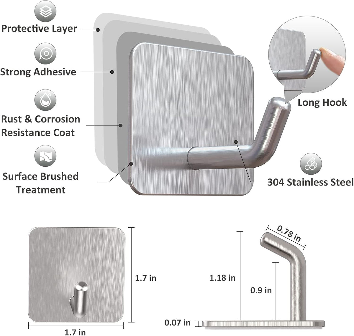 VIS'V Adhesive Hooks, Heavy Duty Shower Wall Stick on Hooks, Waterproof, 2 Extra Adhesive Strips, Silver, 4 Pcs