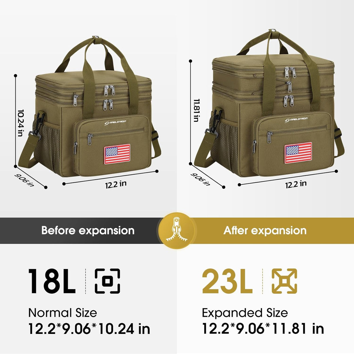 Maelstrom Tactical Lunch Box for Men, 23L Insulated Lunch Bag, Expandable Double Deck Cooler Bag, Lightweight Leakproof Tote Bag With Side Tissue Pocket, Suit For Men and Women, Khaki