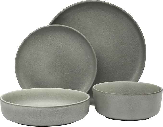 Gibson Elite Pasco 16 Piece (Service for 4) Plates and Bowls Double Bowl Reactive Glaze Dishes Stoneware Ceramic Dinnerware Set - Grey