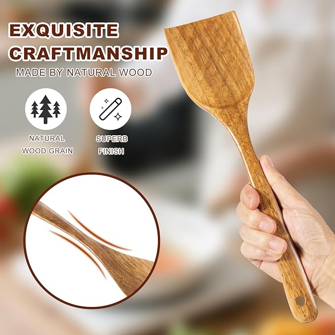 Wooden Spatulas, 2 PCs Natural Acacia Wooden Cooking Utensils Set for Non-stick Pan Kitchen Tool, flipping and Wok Spatula, Wooden Spoons & Spurtle for Cooking