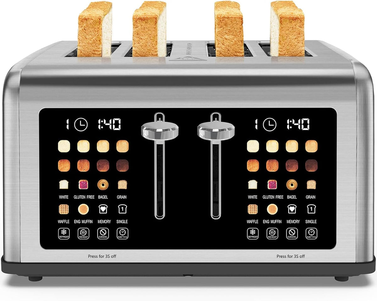 4 Slice Toaster Touch Screen, Stainless Steel Toasters Digital Timer, Dual Control Panel Toasters, 8 Shade Settings 6 Bread Types for Bagel, Cancel, Defrost 1650W