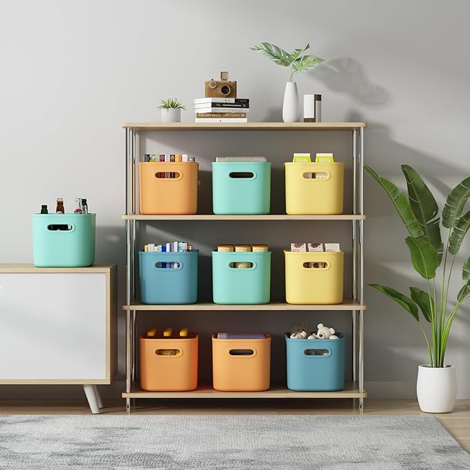 ORGIDOL 8 Pack Colorful Storage Bins with Lids Stackable Storage Container for Organizing, Storage Boxes with Handle for Shelves, Cute Storage Bin for Craft, Snacks, 9.85x6.9x5.7 inch